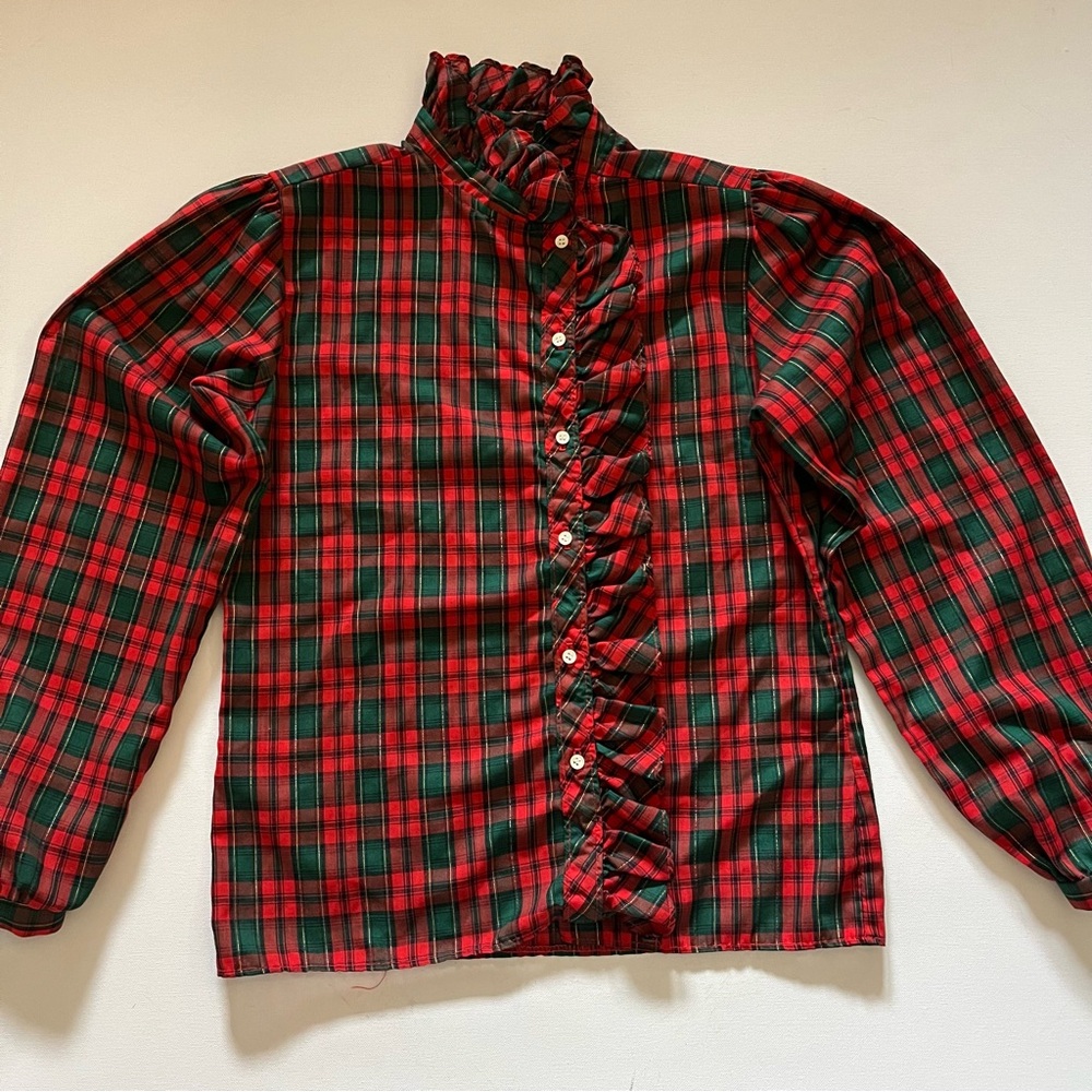 Vintage Christmas Plaid Blouse Red & Green Ruffle Button Down size Large